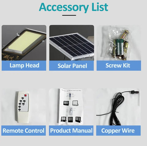 Accessory list for JUDYSSY 1000W Solar Street Lights: lamp head, solar panel, screw kit, remote control, product manual, copper wire.