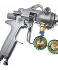 Heavy Duty Double Head Pressure Feed Paint Sprayer Featuring Slick Nano Chrome Nozzles And Killer Smooth Coverage For Badass Industrial Coating And Top Shelf Pneumatic Painting Work With 1000ML Pot Capacity And 13 MM Tips For Flawless Results, showing sprayer and nozzles.