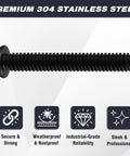 Close-up of Badass M6 X 12mm Black Security Screw with rounded button head, made of 304 stainless steel.