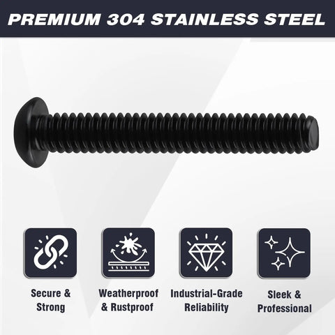 Close-up of Badass M6 X 12mm Black Security Screw with rounded button head, made of 304 stainless steel.