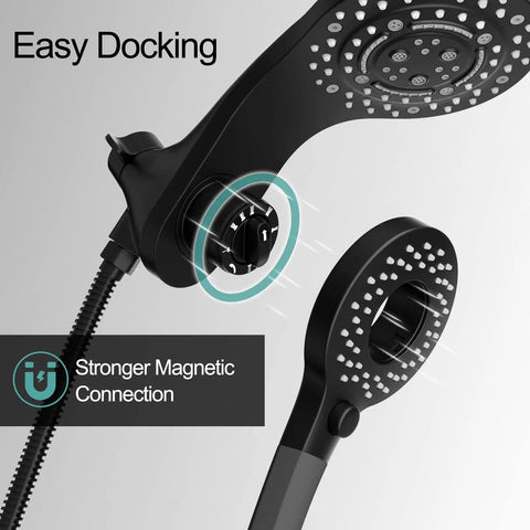 Magnetic Shower Faucet With Handheld Sprayer Easy Docking Two In One Dual Shower Head And On Off Switch For Water Saving One Point Eight GPM Matte Black Shower Combo Featuring Eight Spray Wand And Extra Long Anti Kink Hose showing magnetic connection.