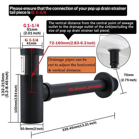 Contemporary Round Bottle P Trap Kit For Basin Sink One And A Quarter Inch Matte Black Brass Finish Durable Waste Drain With Easy Install And North America Standard Fit diagram