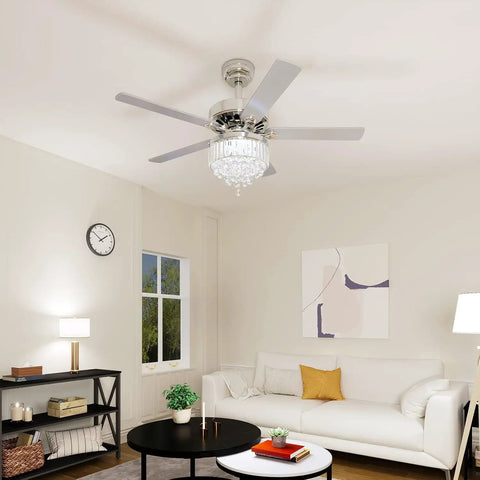 Living room with Dope Chandelier Style Ceiling Fan With Remote And Light, 52 Inch Fandelier, crystal lampshade, black finishes