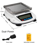 Dialed-In High Precision Digital Lab Scale 5000g Capacity, 0.01g Accuracy, dual-power setup with dimensions shown