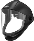 Top Shelf Panoramic Full Face Mask With Scratch Resistant Polycarbonate Visor And Dang Tough Impact Shield For Rough Industrial Jobs Demanding Ansi Certified Guard Against Welding Sparks And Debris Daily, black helmet perspective.