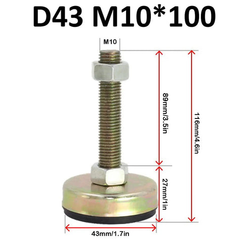 Tough As Nails Heavy Duty Adjustable Furniture Leveling Feet With Non Slip Rubber Cups, dimensions shown, steel threaded pin for support.