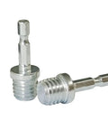 Heavy Duty 5/8 11 Male Thread To 1/4 Hex Shank Drill Adapter Pair features shiny steel material, close-up showing hex shank and threaded base.