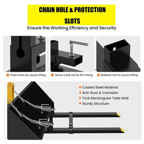 Pro Grade Heavy Duty Clamp On Pallet Forks, 2000 Lb Capacity, 43 Inch Length With Adjustable Stabilizer Bar, close-up features