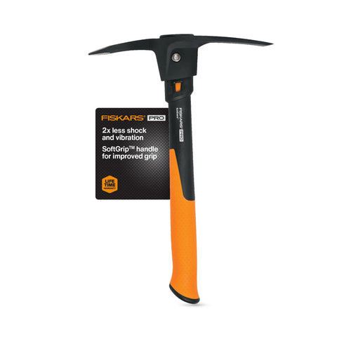 IsoCore Pickaxe Mattock With Shock Absorbing Handle Dual Head For Roots And Rocks 1.5 Lb Heavy Duty Tool with orange grip handle