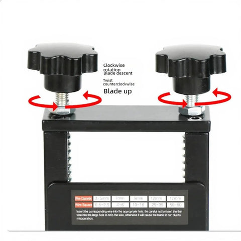 Heavy Duty Cable Wire Stripping Machine Compatible With Power Drill Or Hand Crank Compact Metal Construction showing adjustable blades and knobs.