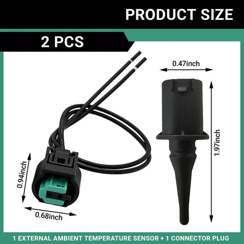2 Pack Outside Ambient Air Temperature Sensor With Connector Pigtail Harness For Mercedes Benz Cars Plug And Play Sensor Connector OEM 0075421318 0005428418 5S11829, showing size dimensions and two pieces with connectors.