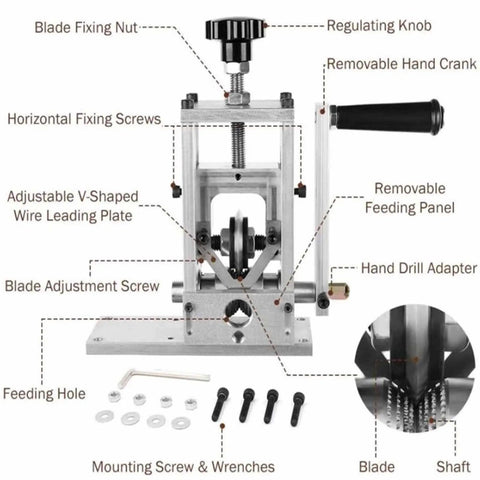GfsgHzz 35W Automatic Wire Stripper Machine With Fast Stripping Speed And Hand-Crank Drive showing adjustable components and accessories.