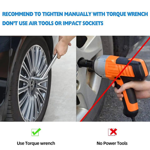 Manual tightening wheel lug nuts using torque wrench with a warning against using power tools; M12x1.5 Lug Nuts Set Of 20 With Socket Key And Caps Closed End Bulge Lug Nuts 60 Degree Conical Seat 1.38 Inch Long 0.8 Inch Diameter Fits Honda Accord CRV Civic