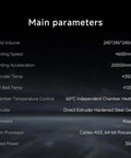Main parameters of Rocket Fast 3D Printer With Auto Leveling And Camera, Dual Z Axis CoreXY, 600mm Per Second Print Speed.