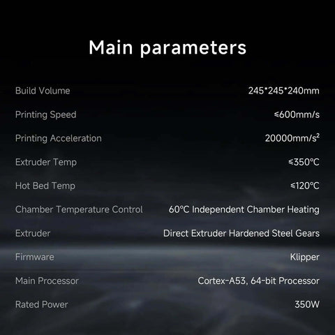 Main parameters of Rocket Fast 3D Printer With Auto Leveling And Camera, Dual Z Axis CoreXY, 600mm Per Second Print Speed.