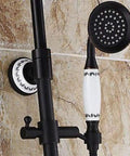 UMJIGF Retro Shower Column Set Brass Wall Shower System Shower in Black Paint Set with Bath Faucet, Shower, Shower Knob for Bathroom close-up of handheld shower head and mounting.