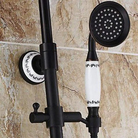 UMJIGF Retro Shower Column Set Brass Wall Shower System Shower in Black Paint Set with Bath Faucet, Shower, Shower Knob for Bathroom close-up of handheld shower head and mounting.
