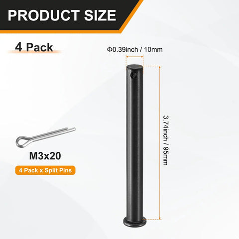 4 Pack M10x95mm Single Hole Clevis Pins Black Workhorse Hardware for Farming Aviation Construction Rigging and Furniture Projects Durable Linkage Pins for Easy Quick Release, size view with M3x20 split pin