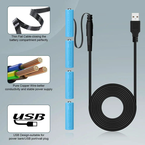 AA Battery Replacement Power Supply Cable for Continuous 24 Hour Use with premium copper wire and USB plug