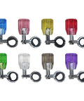 Colored acrylic crystal steering wheel spinner knobs with aluminum power handles, including green for cars, trucks, tractors.