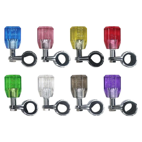 Colored acrylic crystal steering wheel spinner knobs with aluminum power handles, including green for cars, trucks, tractors.
