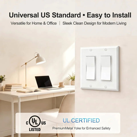 Two Single Pole Rocker Switches With 2 Gang Decora Wall Plate Set, Easy Install Kit With Screws, Fits Standard Electrical Boxes, UL And CUL Certified For Safety, Dope Home Upgrade For Quick, Clean, Modern Switch Panel on white wall
