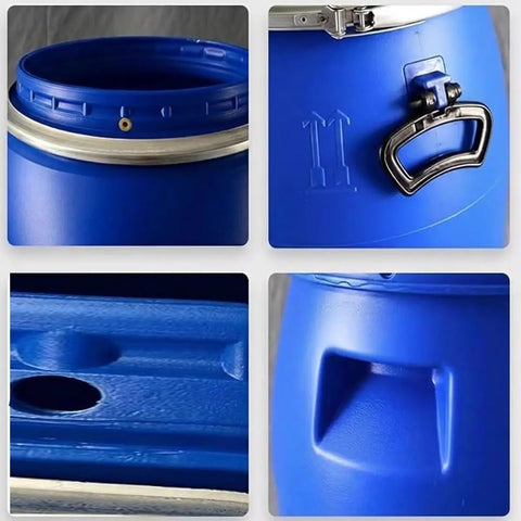 Close-up of Open Top Plastic Water Barrels With Airtight Latch Ring showing lid, handle, and interlocking design details