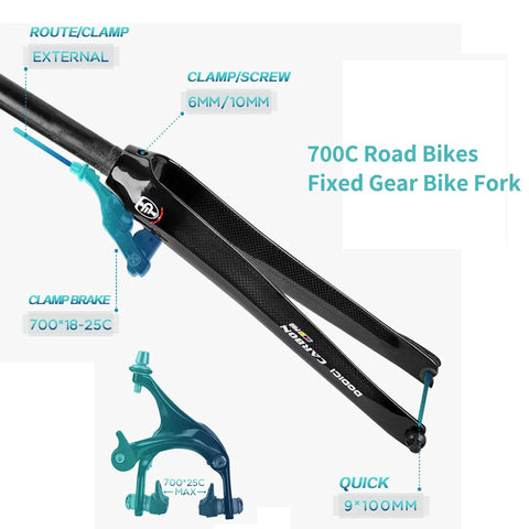 Carbon Fiber Fixed Gear Front Fork For 700C Road Bikes, Rock Solid Rigid Lightweight Build, 1 1/8 Inch Straight Steerer, T800 Blades
