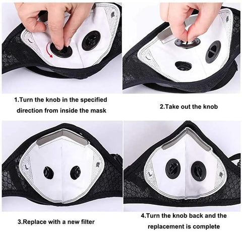 4 Pack Black Unisex Adjustable Reusable Sport Mask With 8 Carbon Filters And 8 Breathing Valves For Adult Outdoor Use Installation