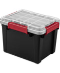 Rugged 5 Gallon Waterproof Storage Bin With Tight Gasket Seal And Heavy Duty Latches, black bin with red latches and clear lid, 15 x 11.88 x 10.63 inches.