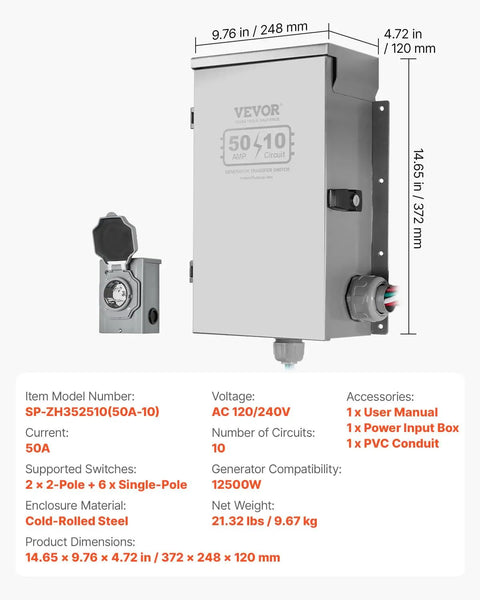 Manual Transfer Switch Kit For Home Power Backup, 50 Amp 10 Circuit, Prewired Generator Transfer Kit With CS6375 Plug Power Inlet Box, Double Throw, NEMA 3R, Mechanical Watt Meter For 12500W Generators, cold-rolled steel