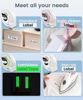 Compact Bluetooth Label Maker With Tape And Templates for home, school, office use, showcasing label types: standard, satin, luminous, iron-on.