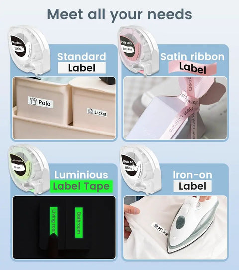 Compact Bluetooth Label Maker With Tape And Templates for home, school, office use, showcasing label types: standard, satin, luminous, iron-on.