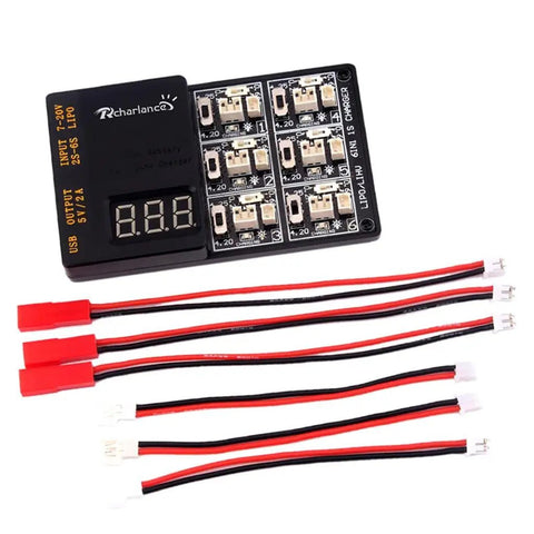 Six In One RC Lipo Battery Charger Board With LiHV 4.35V Charge Up To Six Batteries At Once Independent Voltage Displays Portable Charging Station For RC Hobbyists 2-6S Compatible Flexible 200mA Or 600mA Per Port showing board and cables