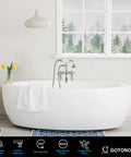 Deck Mount Clawfoot Tub Faucet With Telephone Shaped Handheld Shower 6 Inch Center Vintage Style 360 Degree Rotation Spout And Cross Handles Brushed Nickel Tub Filler Durable Solid Brass installed on a modern white tub in a minimalist bathroom.