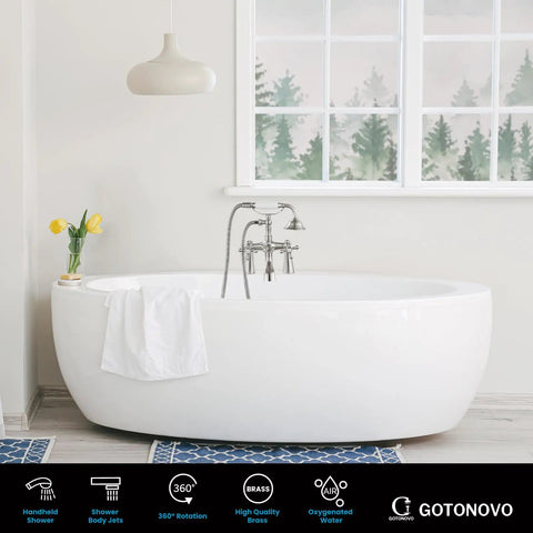 Deck Mount Clawfoot Tub Faucet With Telephone Shaped Handheld Shower 6 Inch Center Vintage Style 360 Degree Rotation Spout And Cross Handles Brushed Nickel Tub Filler Durable Solid Brass installed on a modern white tub in a minimalist bathroom.