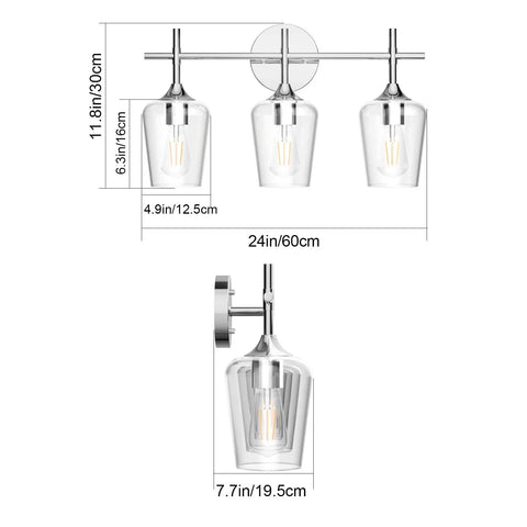 Dope Vintage 3 Light Vanity Fixture With Industrial Chrome Finish Over Mirror Bath Light With Clear Glass Shades Wall Mount Bathroom Lighting E26 Socket Compatible Modern Rustic Style showing 60cm width and 30cm height dimensions.