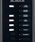 Front view of six-position AC breaker panel with main and LED indicators, black finish with labels, heavy duty electrical panel.