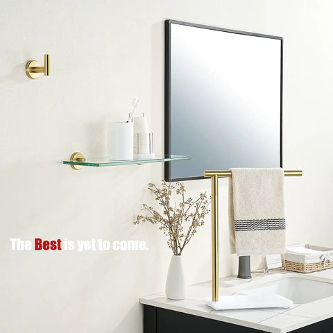 Bathroom with Gold Brushed Stainless Steel Glass Shelf For Bathroom 16x5 Inch Tempered Glass Shower Storage Mounted on Wall Model TGS101-BG