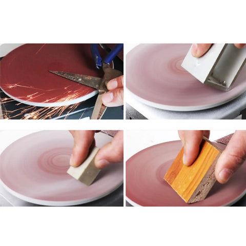 Heavy Duty Electric Mini Disc Sander And Bench Grinder With Belt Sanding Option in use, sharpening scissors and polishing wood.