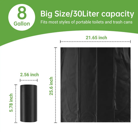 On The Go Eco Friendly Portable Toilet Replacement Bags 30 Liter shown in rolled and open sizes with measurements