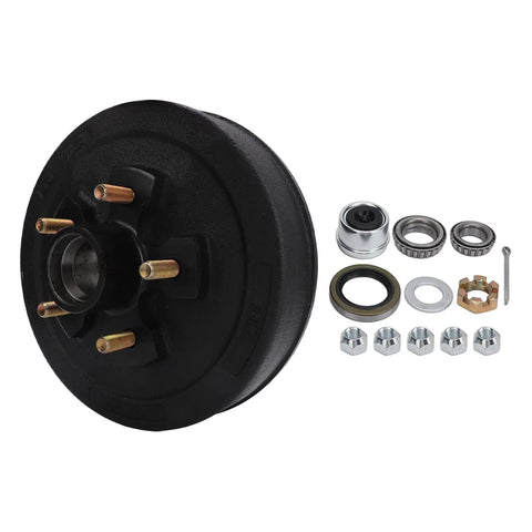 Top Shelf 10 Inch Heavy Duty Trailer Brake Hub Drum Assembly with hardware for 3500 lb axles, black steel construction.