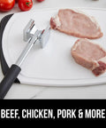 Dual Sided Meat Tenderizer Tool With Patented Design Beefy Heavy Duty Aluminum Mallet next to raw pork on cutting board