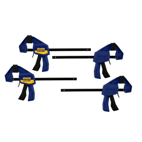 Four blue IRWIN Quick-Grip 6-inch one-handed mini bar clamps.