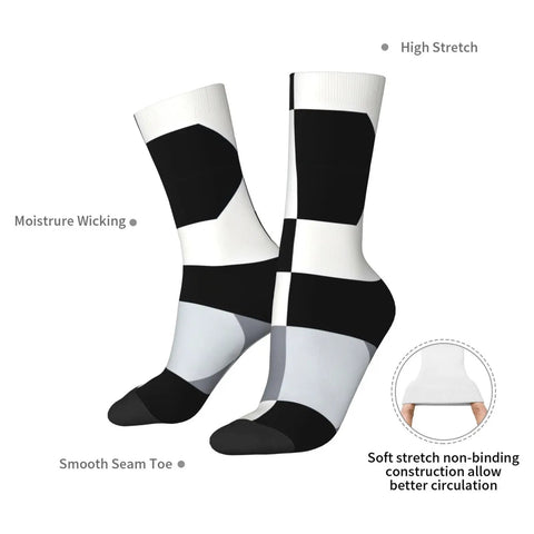 Upgrade Your Fit With Black And White Piano Grid Print Socks For Men And Women Moisture Wicking Polyester Crew Socks, shown from the side.