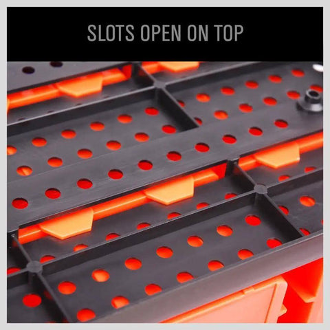 Close-up of Wall Mounted Storage Bin Rack Kit 30 Piece Parts Organizer with orange slots open on top.