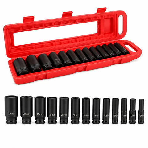 Heavy Duty 13 Piece Metric Deep Impact Socket Set ½ Inch Drive Wrench Kit With Sockets For Serious Garage Auto Repairs And Tough Jobs, red case