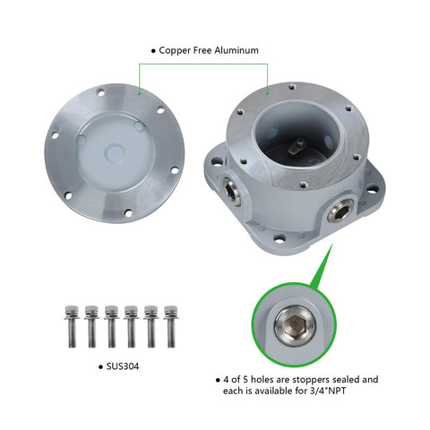Front view of Xapolu explosion-proof junction box, die-cast aluminum with removable cover, IP66, 3/4" NPT ports, SUS304 screws.