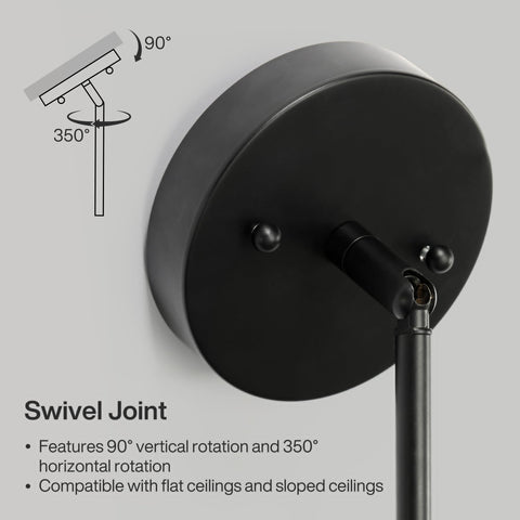 Swivel joint detail of Black And Gold 3 Light Linear Kitchen Island Pendant With Adjustable Rods, showing rotation angles.