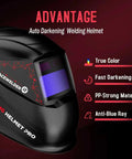 Black welding helmet with auto-darkening visor, true color display, fast darkening, made of PP-Strong material, anti-blue ray.